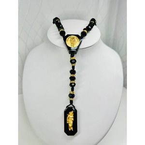 St Jude Rosary Necklace Black Beads Wood Gold Filled Pendant Black NEW
